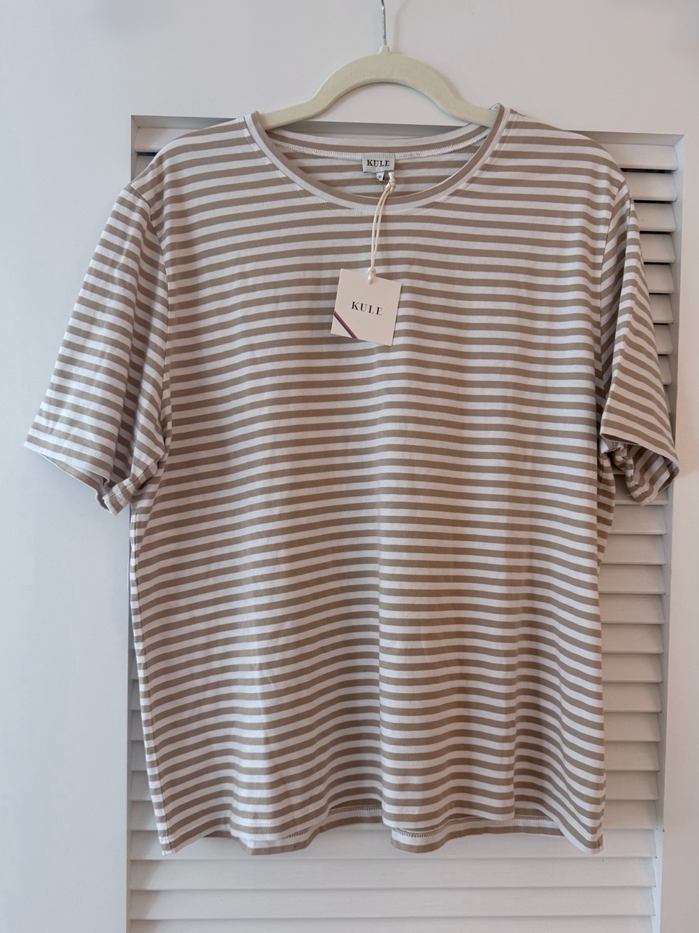 KULE The Modern Tee: Striped Crewneck, Beige & White, Short Sleeves